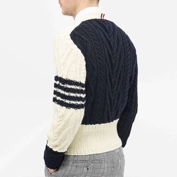 THOM BROWNE 4 BAR FUNMIX ARAN CABLE KNIT Wool CARDIGAN size 1 - Picture 2 of 16